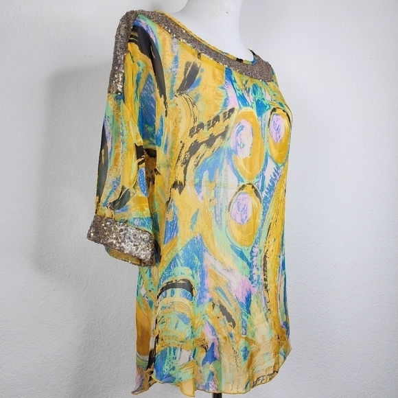 NEW YELLOW URBAN MANGOZ SIZE S, SEQUINS MULTICOLOR BLOUSE FALL SHEER AQUA - Picture 9 of 17